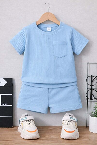 Bubito طقم شورت صيفي للأطفال من القطن بجيب وافل - أزرق فاتح