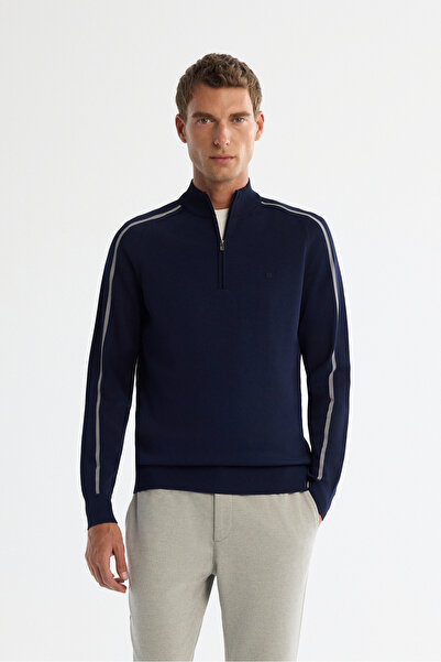 Avva Men's Navy Blue Zippered Stand Collar Rayon Non-Pilling Regular Fit Knit...
