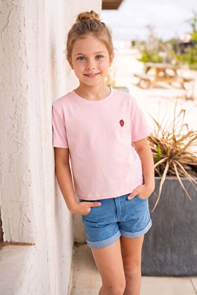 Fulla Moda 100% Cotton Strawberry Embroidered Girls' T-Shirt
