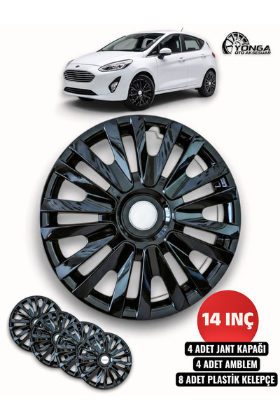 YONGA OTO AKSESUAR FORD FİESTA 14 İnç Jant Kapağı 4'lü Set Piano Black + 4 Am...