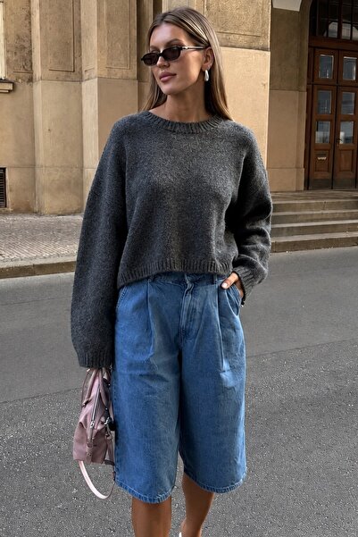 Madmext Anthracite Crew Neck Crop Women's Sweater Mg2166