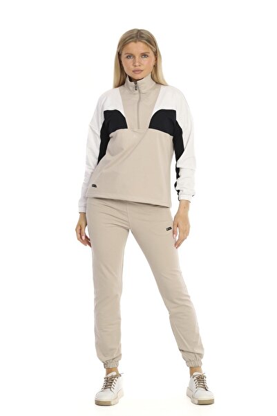 Piyera Women's Stone Mock Neck Zippered Two Thread Tracksuit Set - 77744