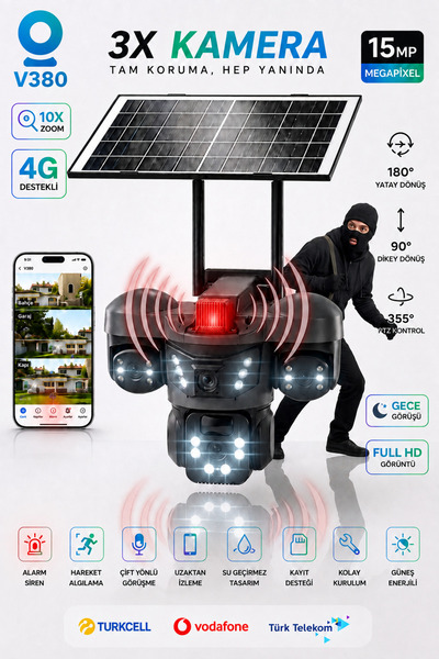 ArmoniaVital ARM-01 Solar Güneş Panelli 15MP 3 Lensli 4G Sim Kartlı Güvenlik ...