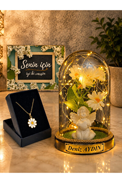Led Işıklı Papatyalı Ve Beyaz Melekli Fanus Aranjmanı & Papatya Kolye