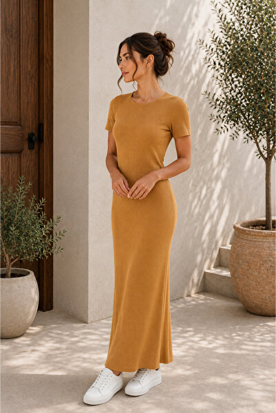 mirach Amber Color Short Sleeve Ribbed Maxi Dress - Crew Neck, Basic Knitwear...