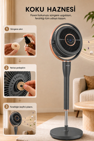 evona Aura 360 ATK2603 360° Dinamik Salınımlı Sessiz Vantilatör, Uzaktan Kumandalı, 6 Hız Modlu, 24 Saat Zaman Ayarlı, Antrasit Gri