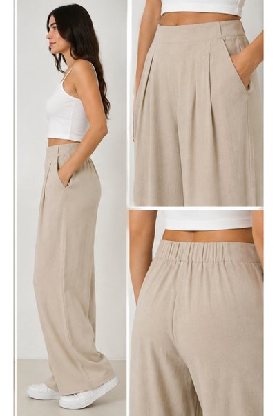 SELDAĞ MODA Linen Pants with Pockets and Elastic Waist at the Back