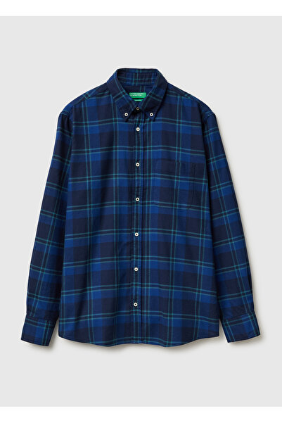 United Colors of Benetton Men's Navy Blue Plaid 100% Cotton Square Patterned ...