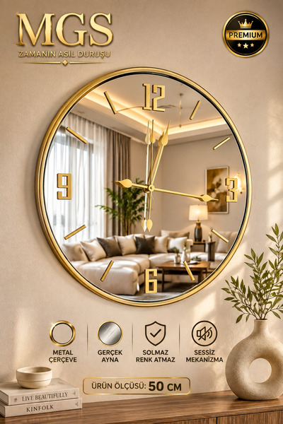 Mgs Duvar Saati Glorya Gold Duvar Saat Gerçek Aynalı Duvar Saati 50 Cm