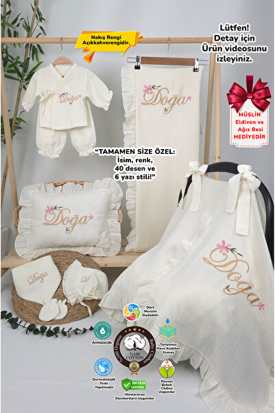gros shop Müslin Yeni Doğan 4Katlı Organik %100Pamuk Kişiye Özgü Nakışlı Hast...