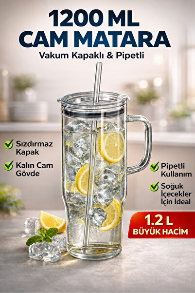 Funny Life 1200 ML Pipetli Cam Matara Bardak Vakum Kapaklı Kulplu Büyük Boy S...