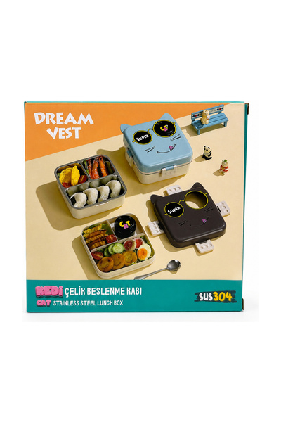 Dream Vest TEK KATLI KARE KEDİ ÇELİK BESLENME KUTUSU 1120ML +70ML MAVİ