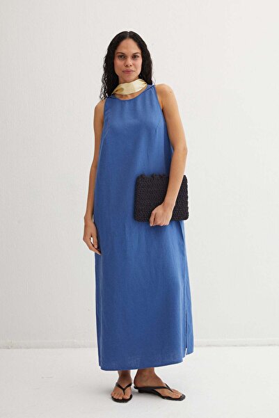 Silk and Cashmere Mavi Kate Keten Kayık Yaka Uzun Elbise