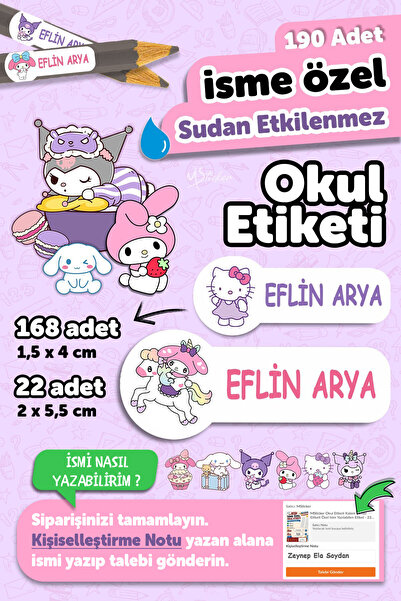 MSticker Okul Etiketi Kalem Defter isimli Etiket Isim Yazılabilen Kawai - 190...