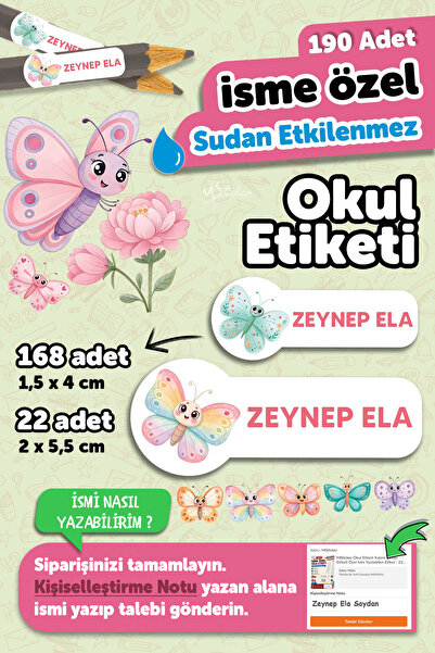 MSticker Okul Etiketi Kalem Defter isimli Etiket Isim Yazılabilen Kelebekli -...