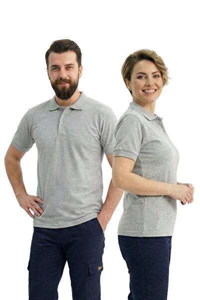 ÇİZGİ MEDİKAL Gray Melange Polo Collar Short Sleeve Work T-Shirt Combed Cotto...
