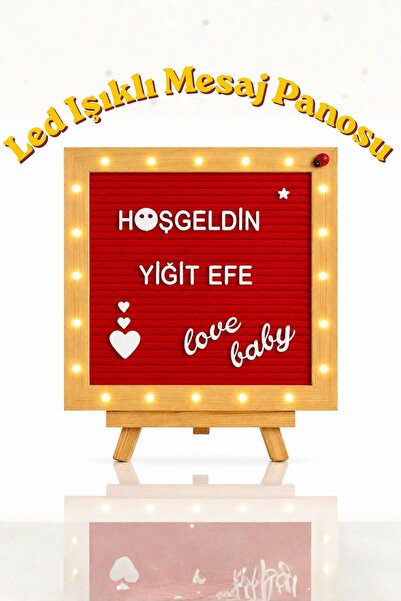 fikirstore Led Işıklı Kırmızı Ahşap Mesaj Panosu Yazı Tahtası Beyaz Renk Harf...
