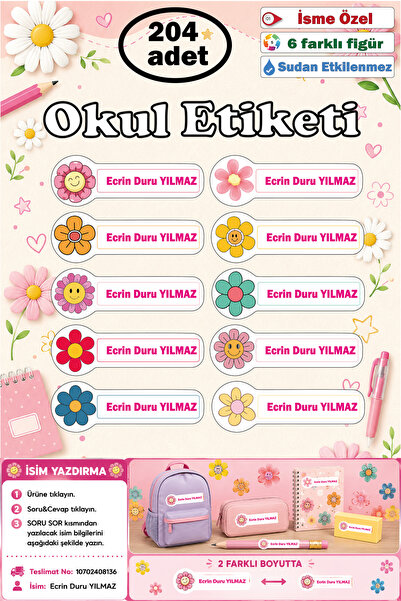 GSticker İsme Özel Okul Etiketi İsim Etiketi Kalem Defter Etiketi Sticker Pap...