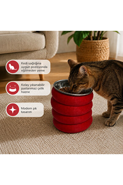 Basart Modern Kedi Mama ve Su Kabı – Çelik Kaseli Yüksek Tasarım Mama Kabı