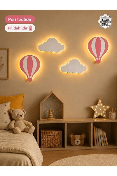 Windly Concept LED Işıklı Sıcak Hava Balonu ve Bulut Duvar Süsü Seti MDF Bebe...