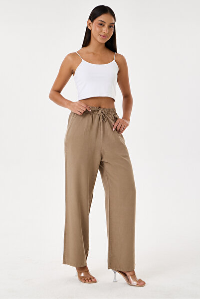 %100 TENCEL YÜKSEK BEL GENİŞ PAÇA PANTOLON KAHVERENGİ
