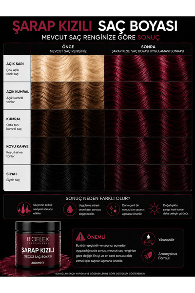 Bioflex Amonyaksız Şarap Kızılı Saç Boyası 250 ml Kokusuz Su Bazlı Geçici-renkli Saç Boyası Wine Red Hair Dye