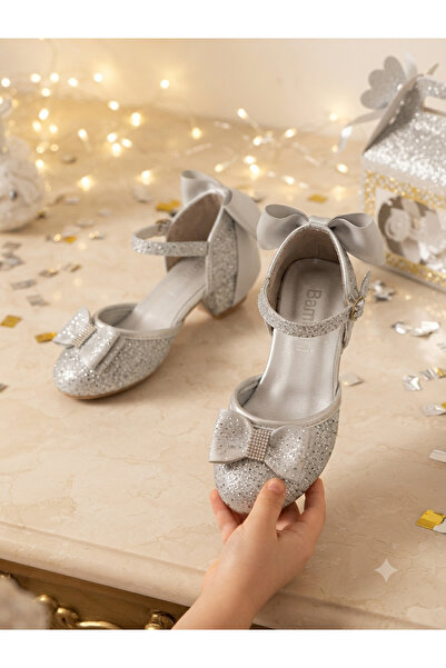 PATİK BEBE Girls' Stylish Evening Dress Shoes with Bows, Silver Bonibon Color...