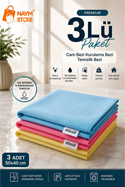 Naym Store Ellesill Premium Mikrofiber Cam Bezi 3’lü 50x40 cm İz Bırakmayan A...