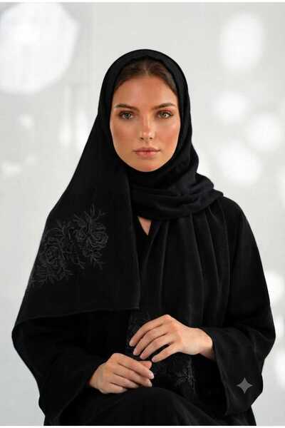 Veil Designer طرحه بوال اسود طبقتين تطريز ورد الجوري علي طرفين الطرحه 190 *60