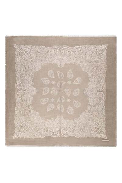 Silk and Cashmere Haki Jas İpekli Baskılı Kare Şal 70x70 cm