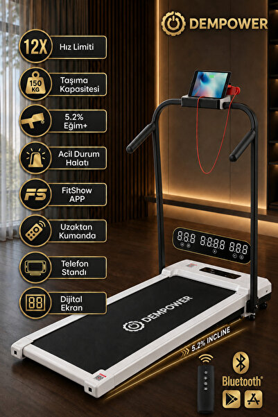 DEMPOWER 150KG Taşıma Kapasiteli, 12KM/H, Manuel Eğimli, Bluetoothlu, LCD Ekr...