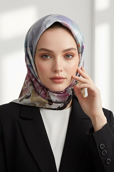 Vissona 100% حرير تويل منقوش بالزهور أسود - وشاح بلون البرقوق 90x90 شكل الخيا...