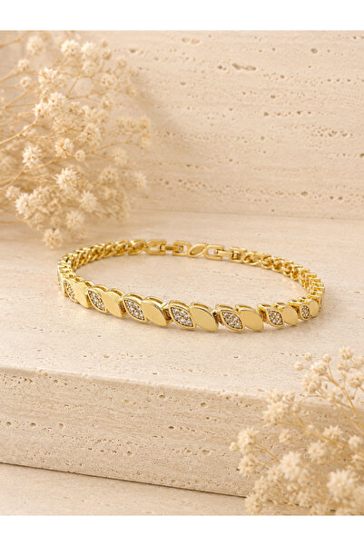 JEWELERY Yaprak Form Zirkon Taşlı Gold Kadın Bileklik – Pirinç Üzeri Altın Ka...