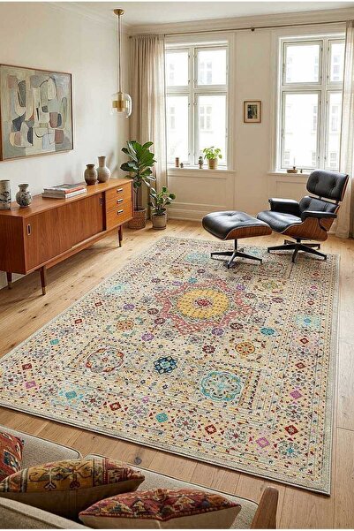 Home Fas Kapısı Desenli Yıkanabilir Pamuk Taban Halı Krem