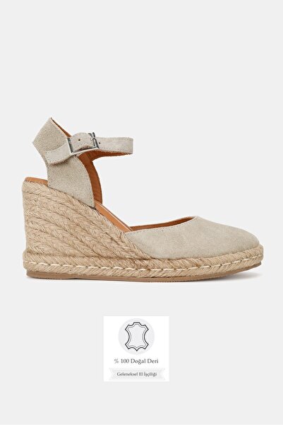 TUNAELLİ Women's Beige Suede Genuine Leather 36-41 Size Wedge Heel Daily Espa...