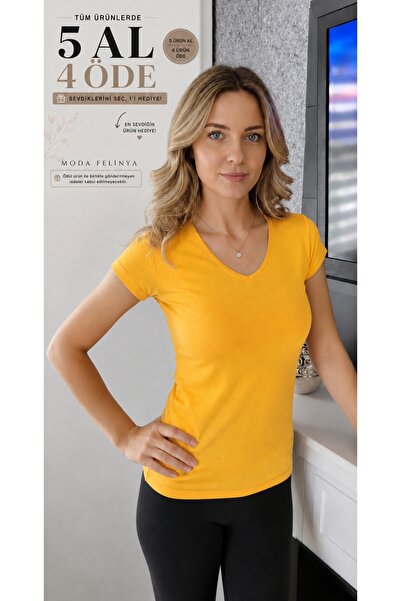 moda felinya KADIN KISA KOLLU SARI RENK V YAKA BODY T-SHIRT