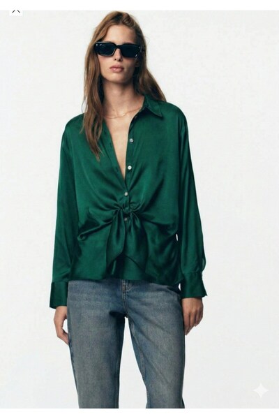 ribana Women's New Season Buttoned Satin Fabric Shirt with Lacing Detail 4614