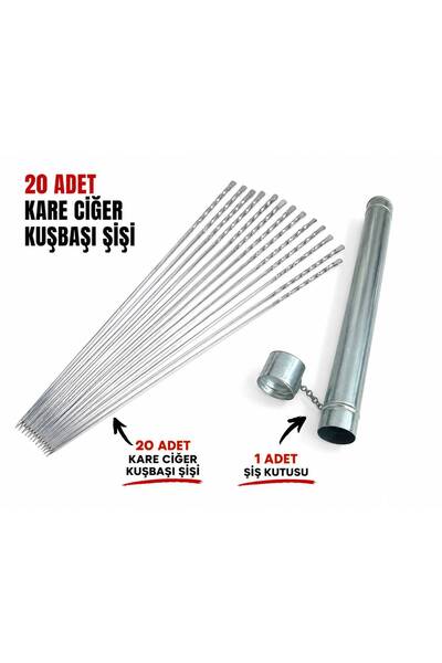 20 adet Paslanmaz Galvanizli Kare Ciğer Kuşbaşı Şişi Seti - 20 Adet Kare Şiş 50 Cm ve Şiş kabı