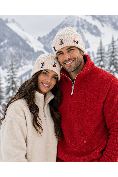 byebruketenci Cream Wool Beret Ski Embroidered Hat