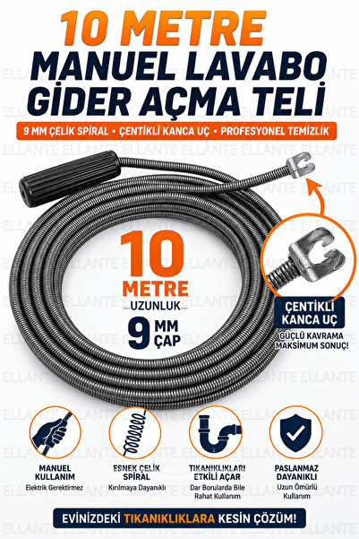 ellante 10 Metre 9 mm Manuel Lavabo Gider Açma Teli Çentikli Kanca Uçlu Çelik...