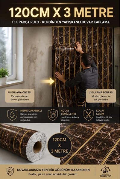 Renkli Duvarlar 120cmx300cm Tek Parça Yapışkanlı Rulo Gold Çizgili Mermer Des...