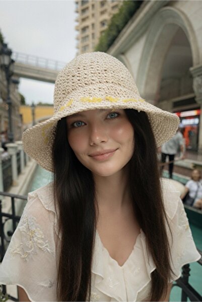 Mollycrush Women's Beige Straw Daisy Embroidered Summer Bucket |   Sun Protec...