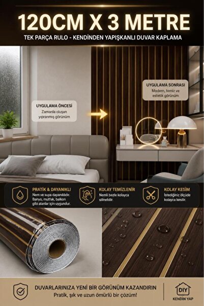 Renkli Duvarlar 120cmx300cm Tek Parça Yapışkanlı Rulo Gold Çizgili Eskitme Pa...