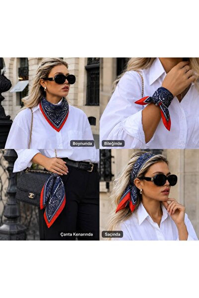 Axesoire 13749 Kırmızı Kenarlıklı Lacivert Saten Bandana Fular 50x50 cm