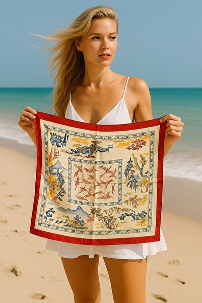 Axesoire 13465 Etnik Desenli Kırmızı Kenarlıklı Saten Bandana Fular 50x50 cm