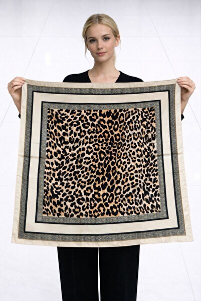 Axesoire 15338 Leopar Desenli Ekru Bandana Fular 90x90 cm