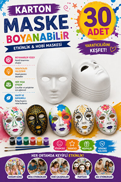 Hobialem 30 Adet, Karton Maske, Boyanabilir Eğitici Maske Boyama, Etkinlik Ve...