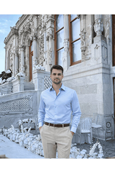 Beystil Slim Fit Buz Mavisi Saten Gömlek