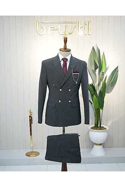 Beystil Sivri Yaka Gri Kruvaze Takım Elbise Nikol - Slim Fit