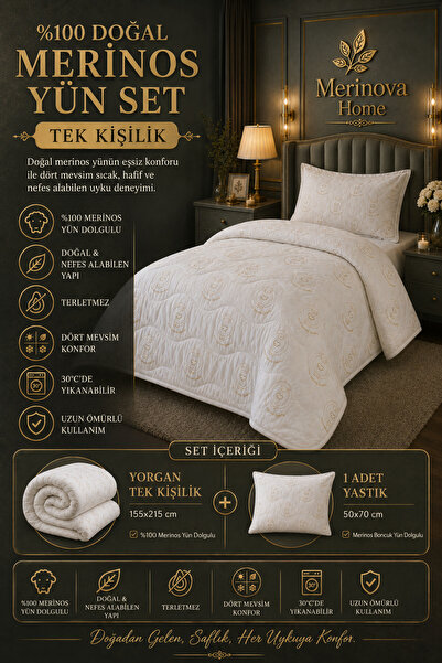 Merinova Home Merinova Single Merino Wool Filled Comforter Set Natural Heat B...